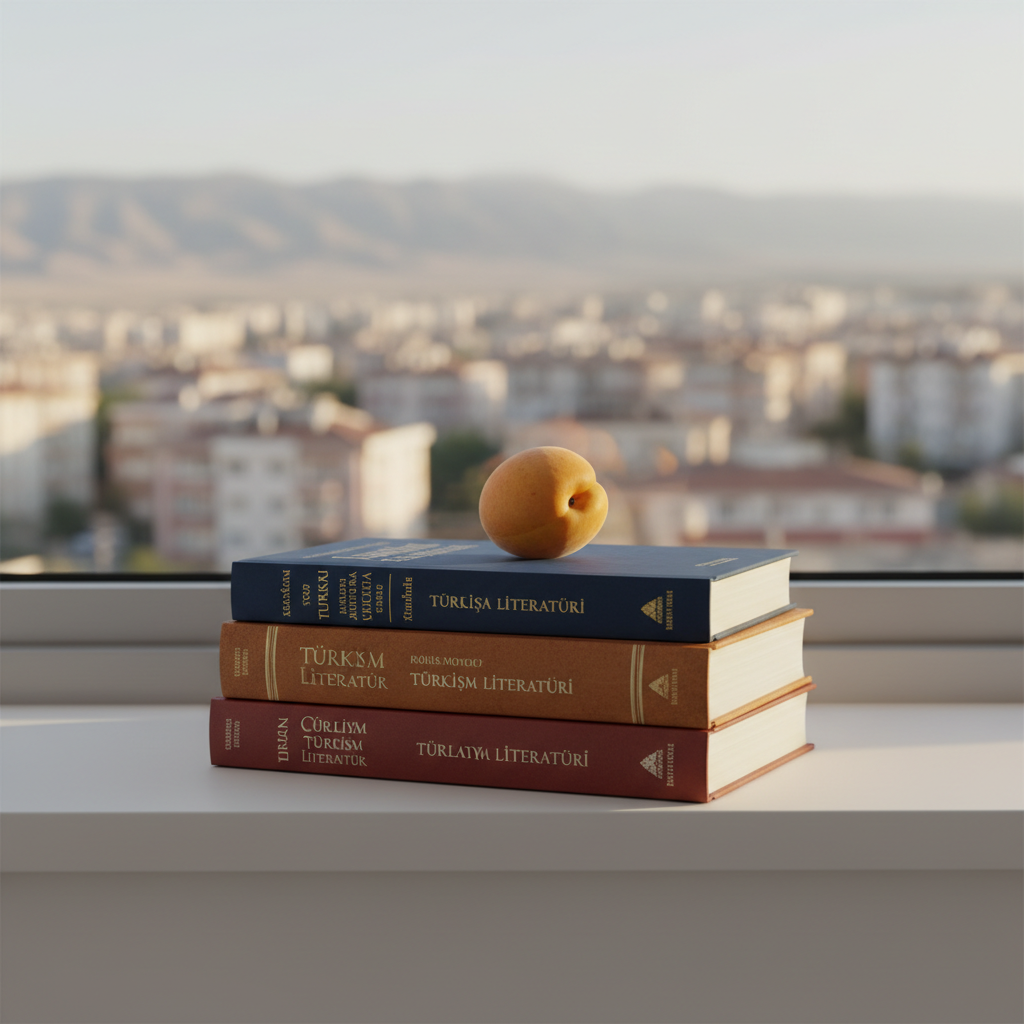 A close-up, photographic scene of a stack of modern Turkish literature books arranged neatly on a minimalist white shelf, their spines in deep blues, warm ochres, and muted reds with elegant typography. A single ripe Malatya apricot rests on top of the stack, its velvety skin catching the light. Behind, a blurred cityscape of Malatya’s low-rise buildings and distant mountains is visible through a large window. Soft golden hour sunlight filters in, casting long, warm reflections on the glossy book covers and subtle shadows on the wall. Captured from a slightly elevated angle using the rule of thirds, the mood is thoughtful, professional, and cultured, conveying a refined love of reading, place, and ideas.