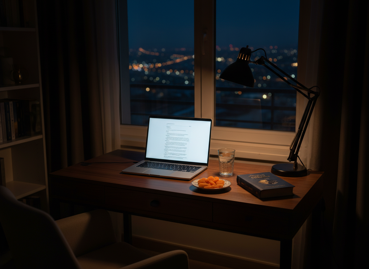 An atmospheric nighttime writing corner by a window overlooking Malatya’s faint city lights, with a sleek laptop open to a blank document on a dark walnut desk. Next to it, a hardcover book of poetry lies partially open, a thin metal bookmark glinting under the warm light of a single adjustable desk lamp. A small plate holds halved dried apricots and a simple glass of water, their surfaces reflecting the lamplight. The room is otherwise dim, with strong contrast between the illuminated workspace and the soft darkness beyond. Photographic realism, shot from a three-quarter angle with moderate depth of field, creating a focused, contemplative, and quietly professional atmosphere suited to thoughtful blog writing.
